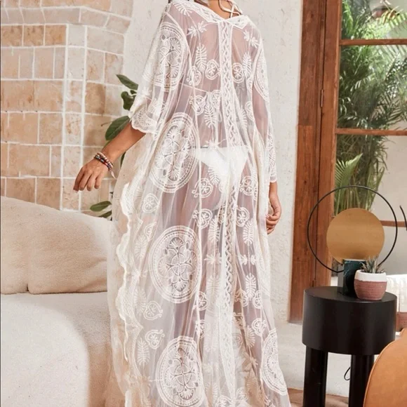 Embroidery lace up dress bikini cover-up beach summer  transparent sexy lace up - Picture 5 of 7